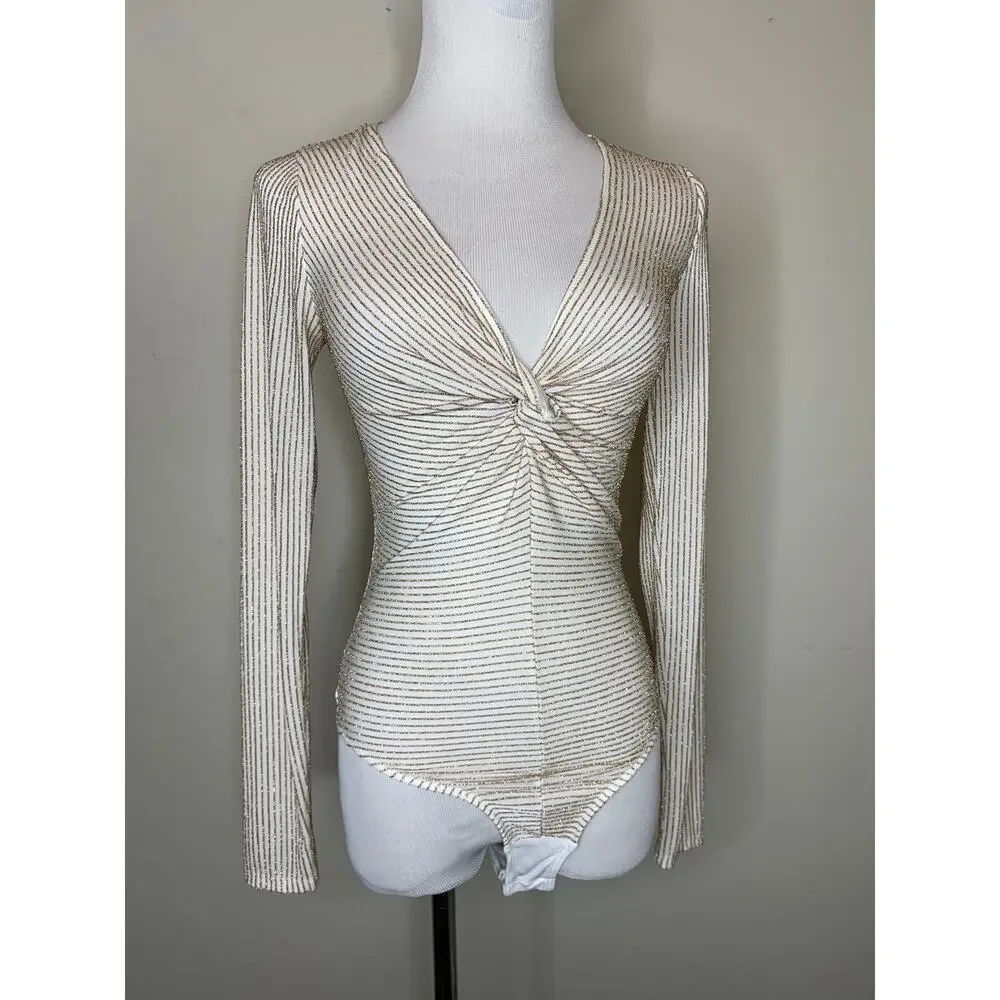 Francesca's Cream Gold Bodysuit Twist Bust Sz XS Coquette Glam - Picture 7 of 9